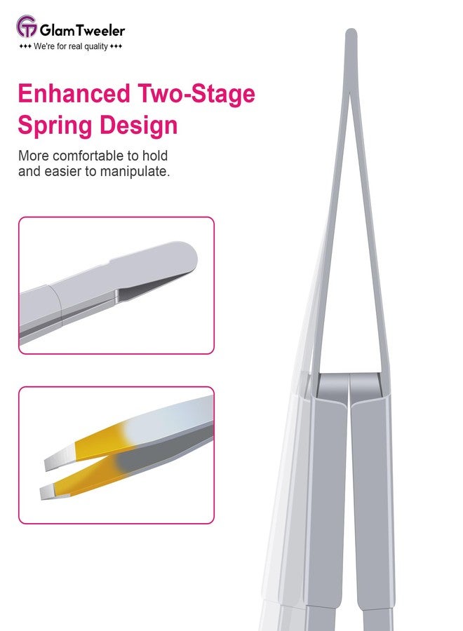 GlamTweeler ملقط G-01 الحصري ذو الطرف المائل، ملقط GlamTweeler عالي الدقة لإزالة شعر الحواجب والوجه مع حقيبة تخزين وحمل جلدية (فضي وذهبي) - Image 2